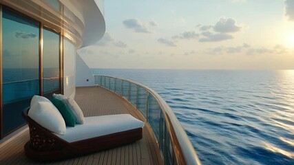 Aufkleber - Panoramic view of a generic yacht balcony at sunrise with a chaise lounge pillows and endless ocean horizon