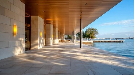 Poster - Architectural structure with stone walls and wooden ceiling extending over a tiled walkway next to a body of water illuminated by natural light