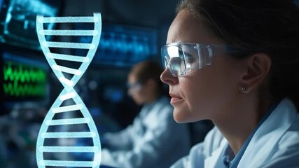 Leinwandbilder - Female scientist in lab coat with protective eyewear examines DNA model alongside colleagues surrounded by medical equipment with neon blue glow