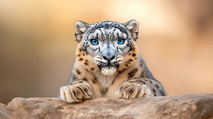Poster - Close-up portrait of a big cat resting on a stone ledge with bright blue eyes and blurred background
