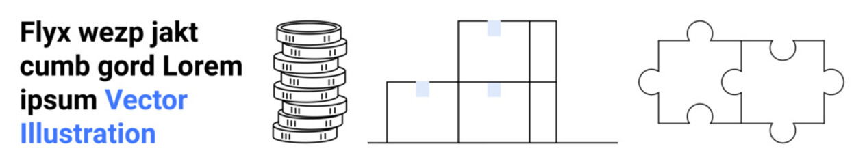 Coins stacked in a column, minimalist stacked boxes, and interlocking puzzle pieces for collaboration, strategy, structure, teamwork, solutions, innovation, and simple landing pages