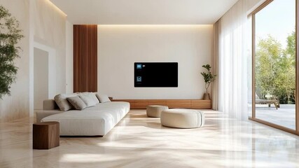 Aufkleber - Modern living room interior design featuring white sofa two beige ottoman wooden side table black screen and floor-to-ceiling window with curtain. Sunlight enhances the elegant ambiance with a touch