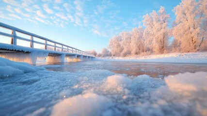 Aufkleber - Winter landscape featuring a wooden bridge over a partially frozen river. Ice and snow cover the foreground and trees. The sky is a clear blue with soft clouds. Golden light illuminates the scene