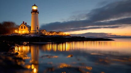 Aufkleber - Serene coastal scene featuring a white building bathed in warm golden light at dusk with calm water reflecting the sky and lights