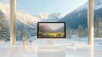 Poster - Desktop setup with scenic mountain vista through the window, white minimalist desk, monitor, keyboard, mouse and cup of coffee