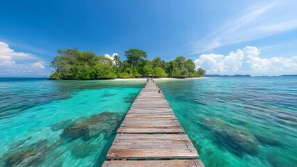 Poster - Wooden pier extending towards a tropical island with lush greenery and clear turquoise waters under a bright blue sky with scattered clouds