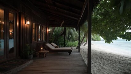 Poster - Tranquil scene featuring a generic beachside cabin with a porch overlooking a sandy beach and ocean. Includes lounge chairs, palm trees and natural lighting