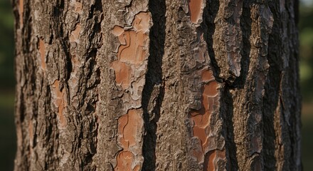 Fototapete - Textured bark of a mature pine tree with deep furrows and reddish inner layers