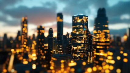Aufkleber - Aerial view of a modern city skyline at dusk with illuminated buildings and a blurred background. Yellow and blue colors create a contrasting ambiance