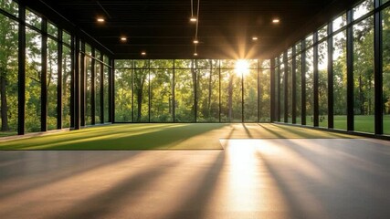 Leinwandbilder - An empty room with floor-to-ceiling windows, offering a view of lush green trees and the sun. The interior features a contrasting blend of dark ceiling and light-colored floor with a patch of green