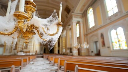 Poster - Ornate gold chandelier covered in cobwebs hangs in an abandoned building interior with pews and stained glass windows. The scene evokes a sense of decay and forgotten grandeur