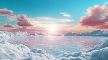 Aufkleber - A serene landscape featuring a luminous sunset over a tranquil lake surrounded by snowy formations and fluffy pink clouds floating in a vibrant blue sky. The water reflects the warm light
