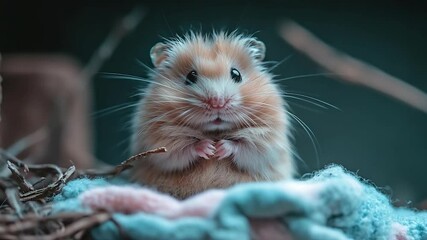 Poster - Adorable hamster with light brown fur rests on a blanket. Its tiny paws are together in a cute pose with a soft background