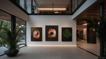 Aufkleber - Modern interior with three abstract paintings and plants in a minimalist setting. Includes a spacious hall, glass walls, and warm lighting