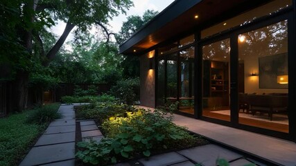 Aufkleber - Exterior shot of a home with glass doors and outdoor patio featuring a stone pathway surrounded by lush green plants. Warm lighting from interior and exterior fixtures adds to the atmosphere