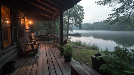 Poster - Wooden cabin porch overlooking a serene lake with morning fog and trees. Includes wooden furniture plants and rustic details. Evokes calm and tranquil atmosphere