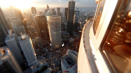 Poster - Aerial view of a bustling cityscape during golden hour. Tall buildings and busy traffic create a dynamic urban landscape. Lens flare adds a warm, cinematic feel