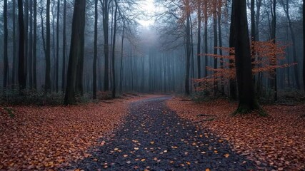 Poster - A winding pathway through a misty autumn forest floor covered in fallen leaves with tall bare trees and soft lighting creating an atmospheric scene