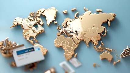 Poster - Golden world map concept with detailed continent outlines and miniature technological elements on a light blue surface