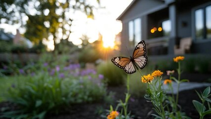 Leinwandbilder - Close-up of a butterfly on a flower in a garden with a house in the background at sunset. The sun's rays illuminate the scene creating a warm atmosphere