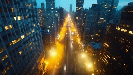 Aufkleber - Aerial view of a city street with golden light trails from vehicles between high rise buildings at twilight