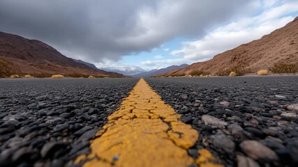 Aufkleber - Low angle shot of asphalt road with yellow center line leading into the distance between mountains under a dramatic cloudy sky