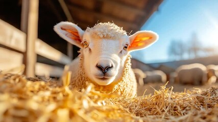 Aufkleber - Close up view of a lamb lying in hay. The lamb has white wool and bright eyes. The scene is bathed in golden sunlight with a blue sky background