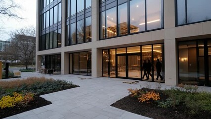 Poster - Exterior view of a modern building with large windows and glass doors. People are walking inside. Landscaping with plants and a paved walkway. Evening light