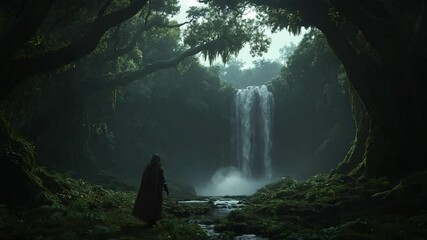 Poster - A person stands before a waterfall in a lush green forest. The image evokes mystery and tranquility, the lighting is soft and diffused. The person is wearing a dark cloak