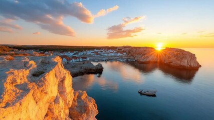 Aufkleber - Scenic coastal village at sunset features golden cliffs calm sea white houses with red roofs and a boat. The setting sun bathes the scene in warm light creating a peaceful atmosphere