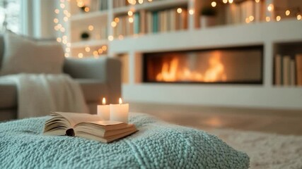 Poster - Cozy living room scene with open book candles and a fireplace Warm lighting and soft textures create a comfortable ambiance Perfect for relaxation and reading