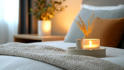 Poster - Cozy bedroom with soft lighting A lit candle and plants on a tray. Pillows and a knitted blanket arranged on bed evoke a warm and relaxing atmosphere