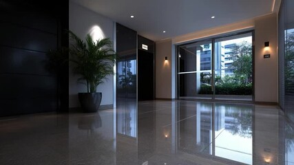 Aufkleber - Modern interior lobby with polished floors a potted plant and a large window with a city view Elevator and lighting fixtures are visible creating a contemporary atmosphere