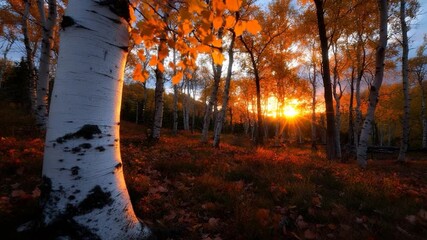 Poster - Autumn forest scene with vibrant orange and yellow foliage trees and sunlight filtering through the branches. Leaves on ground, creating warm inviting ambiance