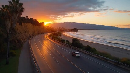 Aufkleber - Aerial view of coastal highway during sunset vehicles moving along the road Palm trees rocky cliffs and beach in the background with golden light reflecting on the asphalt