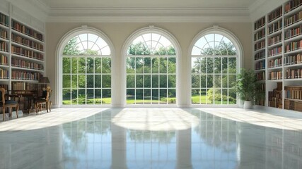 Leinwandbilder - Grand library interior with three arched windows overlooking lush greenery and sunlit floor, with classic bookshelves and elegant furniture