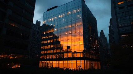 Aufkleber - A modern glass building reflects the vibrant sunset sky amid city buildings. The scene is dominated by the golden orange hue of the sky reflecting on the building