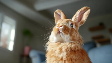 Poster - Close-up of a cute orange rabbit looking up with curiosity indoor setting featuring soft lighting and blurred background elements. Captures a sweet bunny portrait