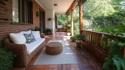 Aufkleber - A tranquil outdoor porch scene featuring a woven sofa with white cushions patterned pillows. A woven ottoman sits atop a light rug on brick flooring beneath a wooden ceiling surrounded by lush