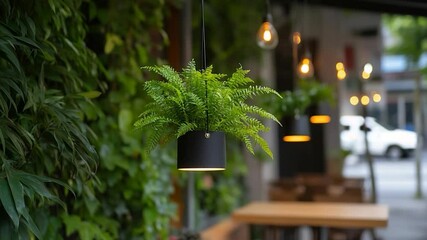 Poster - A modern cafe scene features hanging plants with fern greenery and warm lighting creating a vibrant atmosphere. Wooden tables and blurry street views complete the outdoor cafe ambiance