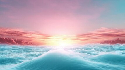 Poster - Stunning digital artwork depicting a serene sunrise over a sea of clouds. The sky transitions from pink to blue creating a dreamlike atmosphere. Gentle waves of teal clouds. Light beams from the sun