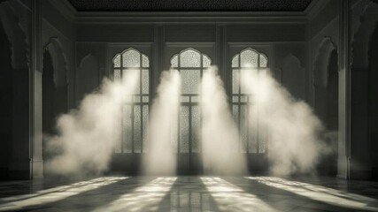 Aufkleber - Mysterious interior scene featuring three arched windows emitting radiant light and shadows. The space is filled with hazy, ethereal smoke enhancing the dramatic atmosphere and architectural details