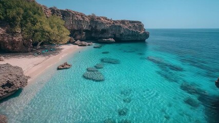 Poster - Aerial view of a pristine beach with turquoise water surrounded by rocky cliffs and lush green vegetation under a clear blue sky