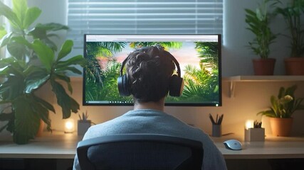 Poster - Man wearing headphones sits at desk in home office with monitor displaying jungle scene. Surrounded by plants and ambient lighting creates peaceful atmosphere