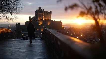 Aufkleber - A person walks toward a castle at sunset. The sky is ablaze with orange and yellow hues. The castle is silhouetted against the sunset with city lights in the background