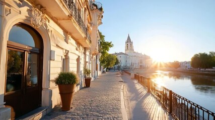 Aufkleber - Picturesque riverside scene with classical architecture buildings sidewalk and river under clear sunny skies sunlight, sun flare shines through white church