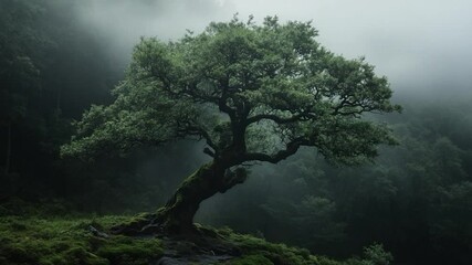 Aufkleber - An aged tree in a misty forest setting bathed in cool green tones. The tree is the focal point against a backdrop of trees and soft atmospheric fog