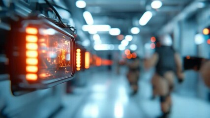 Aufkleber - Futuristic interior with glowing red panels along a corridor and blurred figures in tactical gear walking in the background blue lighting creates a high-tech environment