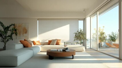 Aufkleber - Modern living room with a cream-colored sofa orange throw pillows and a round wooden coffee table. Large windows offer views of the outdoor space