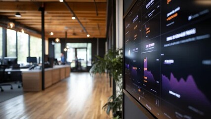 Poster - Modern office interior with a large display showcasing financial data with plant in foreground. Other office space with wooden floor and glass windows